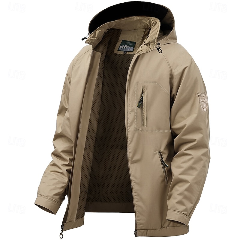 Men's Jacket Raincoat Shell Jacket Waterproof Lightweight Sports Outdoor Camping & Hiking Embroidered Side Pockets Zip Front Fall Winter Hooded Long Sleeve Green khaki Dark Blue