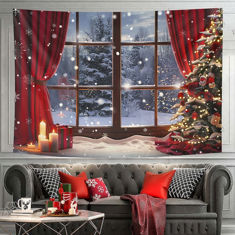 Christmas Decorations Hanging Tapestry Wall Art Xmas Outside Window Large Tapestry Mural Decor Photograph Backdrop Blanket Curtain Home Bedroom Living Room Red Curtain