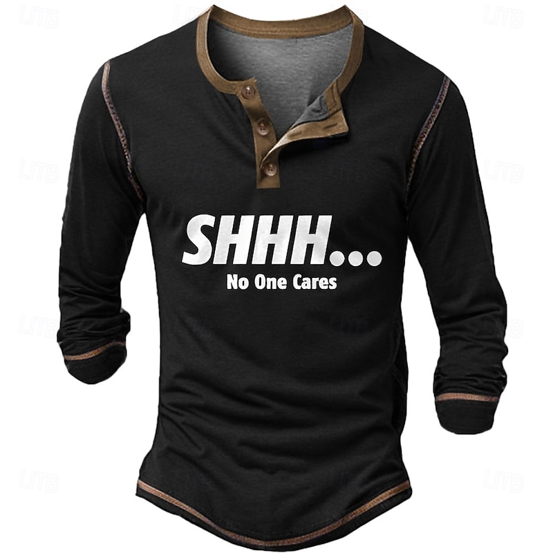 Men's Christmas Solid Color Letter SHHH... No One Cares Henley Shirt Long Sleeve 3D Printing Daily Simple Funny Christmas Party Street Winter Spring &  Fall Black Navy Blue Henley Henley T-Shirt2