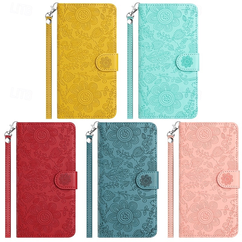 Phone Case For Samsung Galaxy S25 S24 S24 FE S23 S22 S21 Ultra Plus A55 5G A35 5G A25 A15 Wallet Case with Wrist Strap Kickstand Warm Flower Floral TPU PU Leather