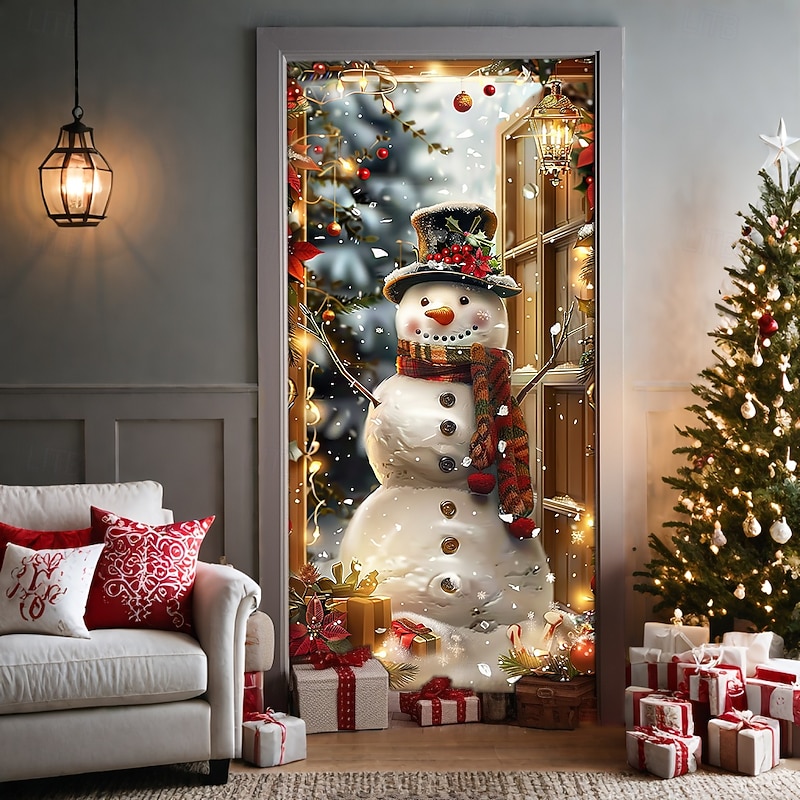 Christmas Door Decorations Door Covers Xmas Snowman Lantern Door Tapestry Door Curtain Decoration Backdrop Door Banner for Front Door Farmhouse Holiday Party Decor Supplies Indoor/Outdoor2