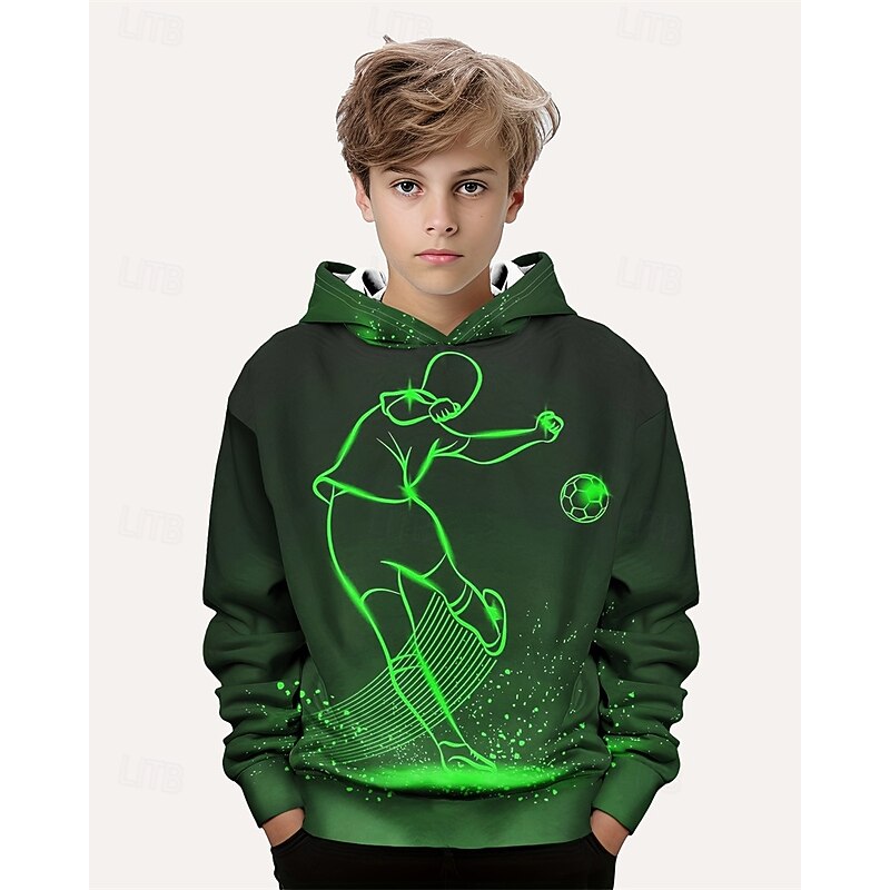 Boys 3D Graphic Football Hoodie Long Sleeve Spring Fall Fashion Streetwear Kids 4-12 Years Hooded Outdoor Casual Daily Regular Fit