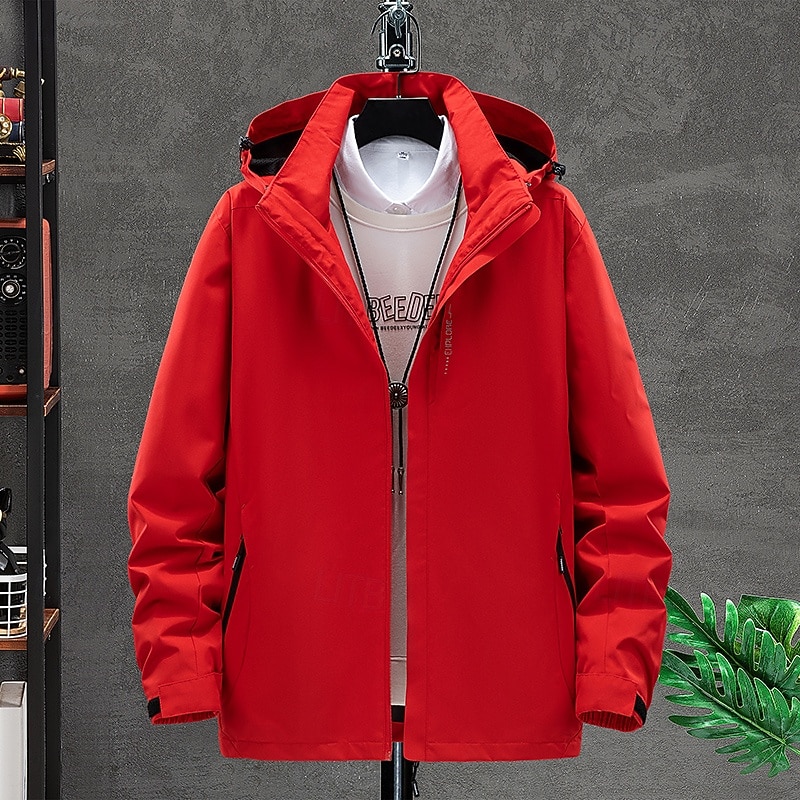 Men's Hoodie Jacket Hiking Jacket Hiking Raincoat Rain Jacket Winter Outdoor Waterproof Soft Detachable Cap Comfortable Jacket Full Length Visible Zipper Fishing Climbing Beach Navy Black Ivory Red4