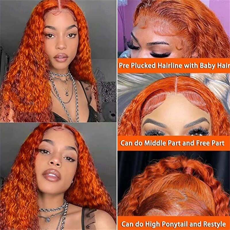 Remy Human Hair 13x4 Lace Front Wig Side Part Middle Part Free Part Brazilian Hair Deep Wave Water Wave Orange Wig 130% 150% 180% Density with Baby Hair Natural Hairline2