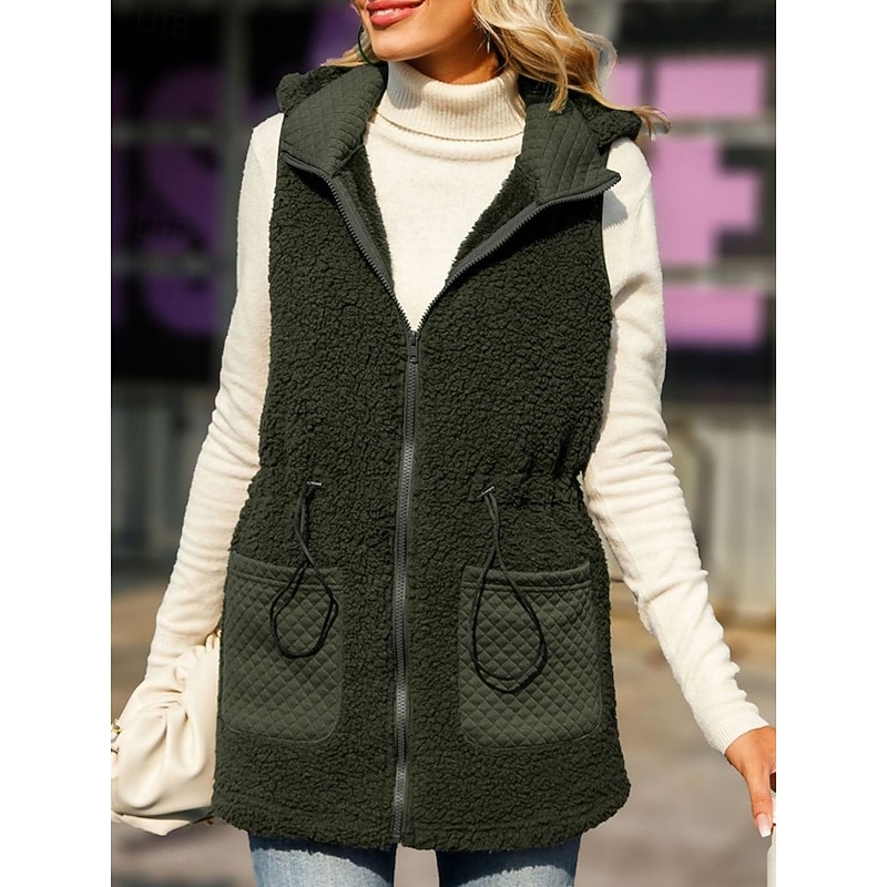 Women's Fleece Vest Teddy Coat Warm Breathable Zipper Pocket Fleece Lined Casual Plain Vacation Street Daily Wear Going out Zipper Regular Hoodie Regular Fit Sleeveless Outerwear Army Green Fall