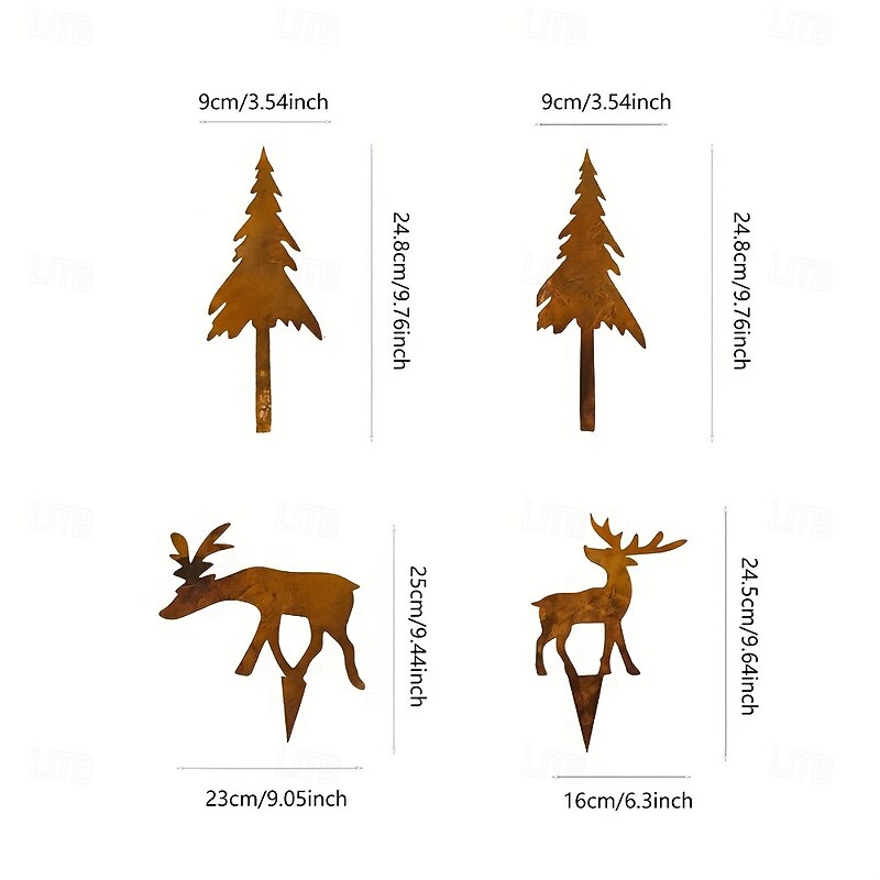 4-Piece Metal Christmas Tree and Deer Garden Rustic Stakes, 4-Piece Outdoor Rust-Coloured Christmas Decoration Set, Reindeer and Christmas Trees for Yard and Garden Decor2