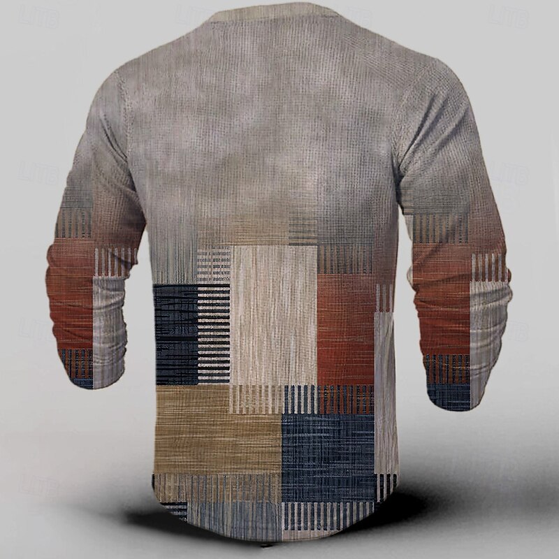 Men's New Year Faux Patchwork Pattern Henley Shirt Long Sleeve 3D Printing Casual Party Street Casual Winter Spring &  Fall Gray Henley Henley T-Shirt2