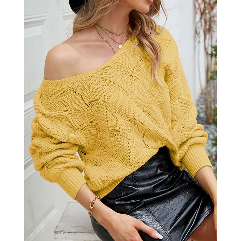 Women's Sweater Elegant Fashion Daily Solid Color Crochet V Neck Knitted Long Sleeve Regular Tops Knit Work Yellow Dusty Blue Fall Winter4