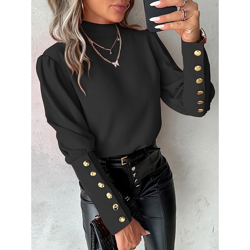 Women's Shirt Blouse Solid Color Elegant Ladies Stylish Long Sleeve High Neck Work Lace Buttons Black White Red Blue Spring Fall Winter