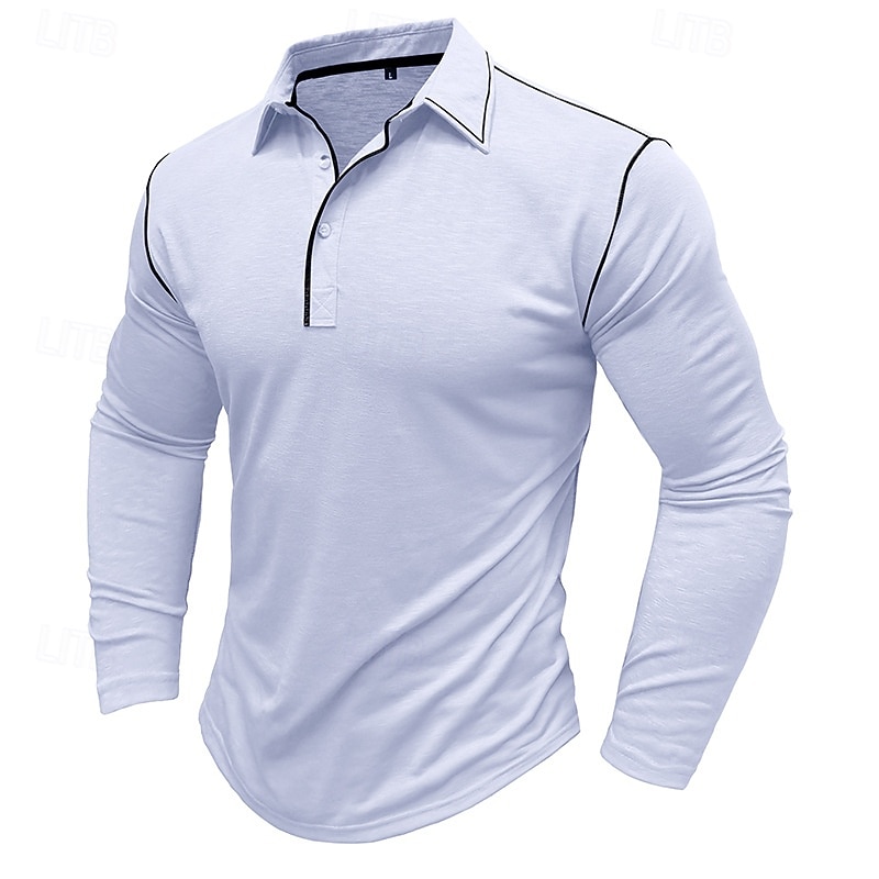 Men's Polo Shirt Golf Shirt Casual Sports Lapel Long Sleeve Fashion Basic Plain Button Pocket Spring &  Fall Regular Fit White Yellow Army Green Blue Light Grey Polo Shirt4