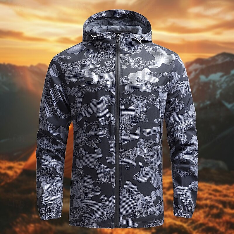 Men's Softshell Jacket Hiking Jacket Outdoor Camouflage Sun Protection Windproof Quick Dry Jacket Hoodie Full Zip Traveling Navy Blue Blue Grey
