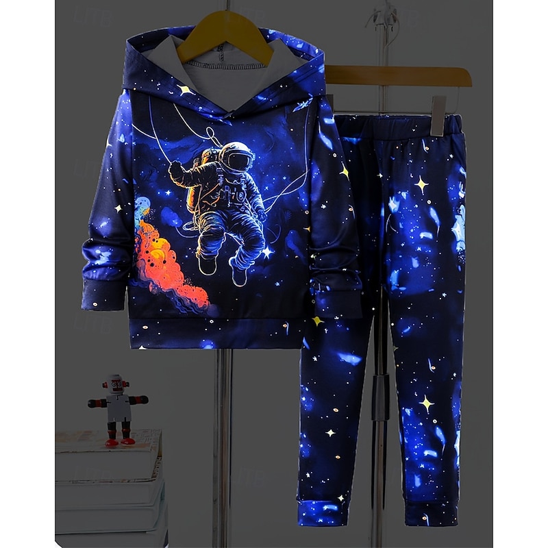Boys 3D Graphic Astronaut Sports Suit Hoodie Set Tracksuits Long Sleeve Spring Fall Daily Casual Tights Kids 4-12 Years Hooded Outdoor Vacation Sports Tailored Fit2
