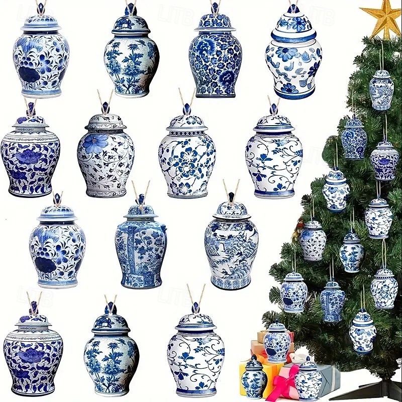 20pcs Christmas Wooden Ornaments Set - Vintage Blue and White Porcelain Style, Wooden Ginger Jar Ornaments for Festival Decoration, Perfect Christmas Ambiance Xmas Decoration with Hanging Rope