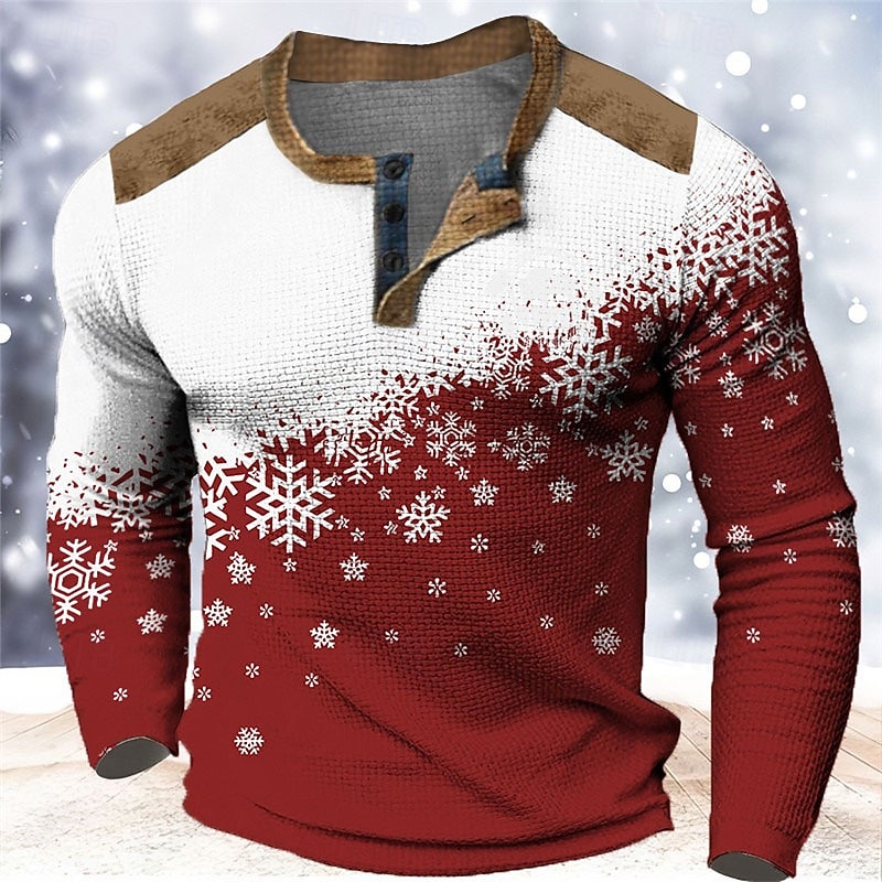 Christmas Men's Christmas Scene Henley T Shirt Graphic Color Block Snowflake Fashion Designer Casual 3D Print Henley Waffle Sports Outdoor Holiday Festival Red Blue Brown Long Sleeve Henley Spring