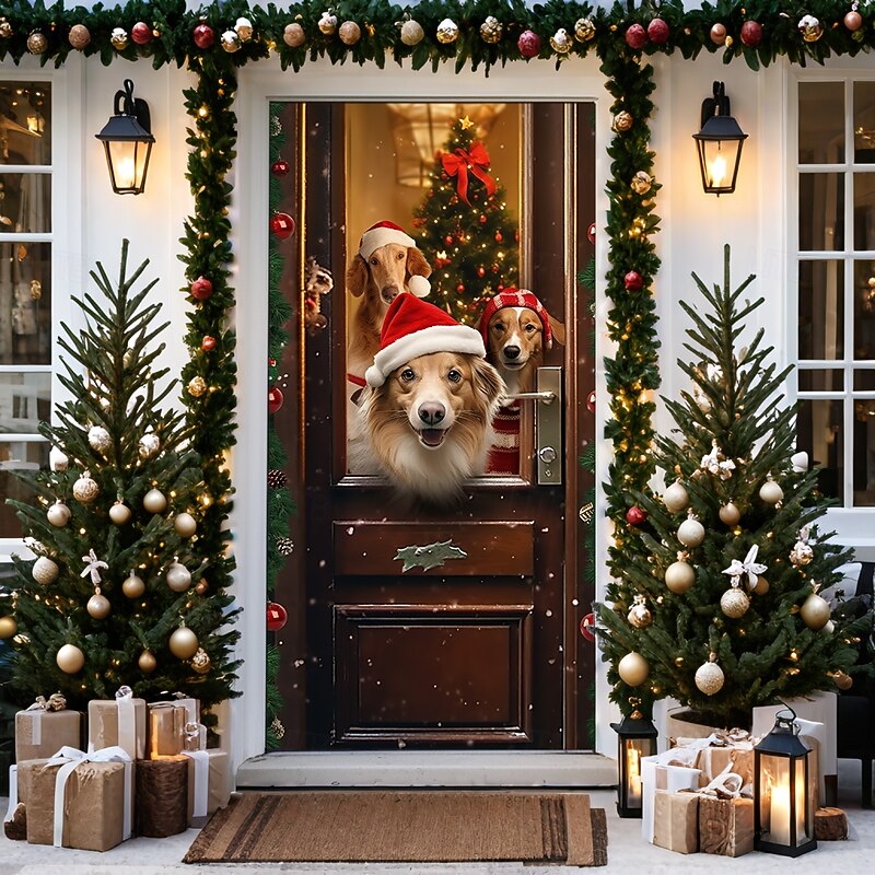 Christmas Door Decorations Door Covers Xmas Animal Dog Door Tapestry Door Curtain Decoration Backdrop Door Banner for Front Door Farmhouse Holiday Party Decor Supplies Indoor/Outdoor