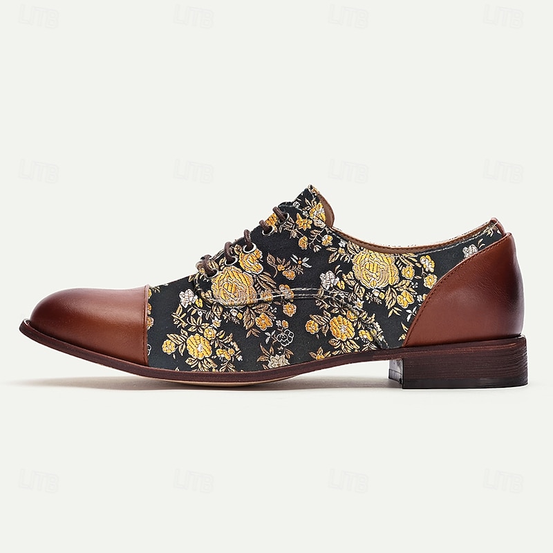 Men's Floral Jacquard Oxford Shoes with Faux Leather Toe Cap and Heel – Vintage Style Dress Shoes for Formal Events3