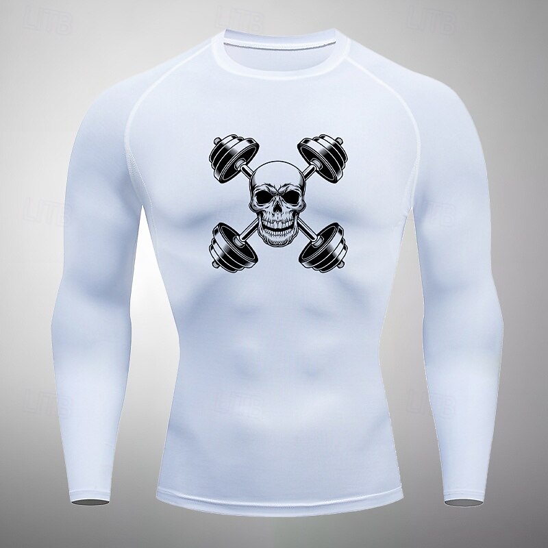 Men's Compression Shirt Athletic Shirt Gym Shirt Fitness Shirt Long Sleeve Tee Tshirt Casual Athleisure Fall Skull Quick Dry Soft Breathable Gym Workout Walking Jogging Sportswear Activewear White