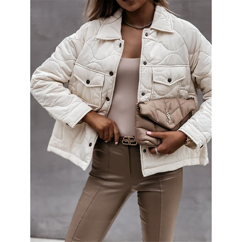 Women's Winter Coat Winter Jacket Warm Breathable Buttons Pocket Casual Plain Street Daily Wear Single Breasted Short Turndown Regular Fit Long Sleeve Outerwear Black White Navy Blue Fall Winter2