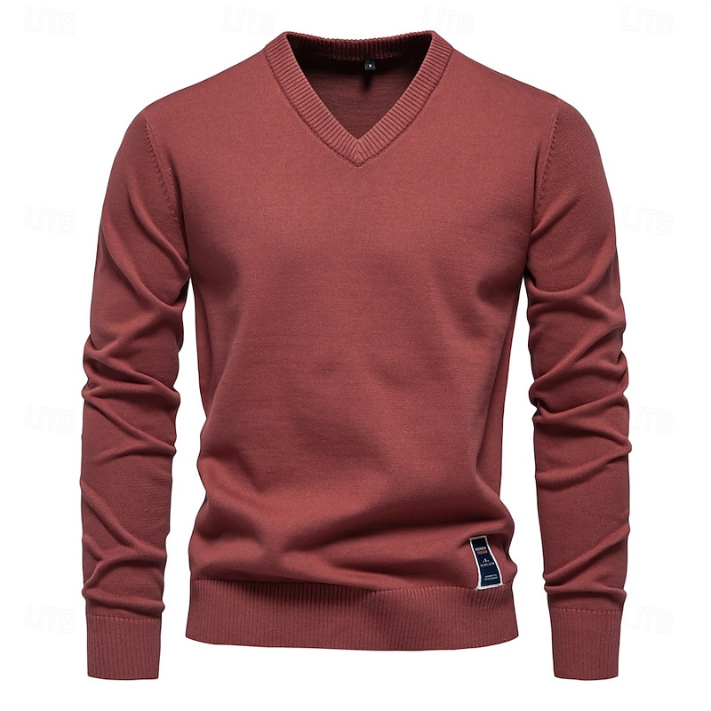 Mens V-neck Solid Cotton Pullover Sweaters Long Sleeve Casual Social Knitted Sweaters for Men2