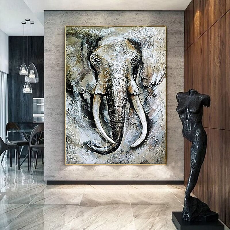 Handmade Oil Painting Canvas Wall Art Decoration Animal Black and White Abstract Elephant for Home Decor Rolled Frameless Unstretched Painting - Main Image