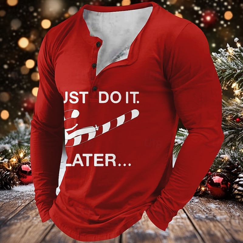 Christmas Men's Christmas Scene Henley T Shirt Letter Candy Letters Letter Print Sports Fashion Daily 3D Printing Henley Long Sleeve Street Casual Daily Red Long Sleeve Henley Collar Button Henley