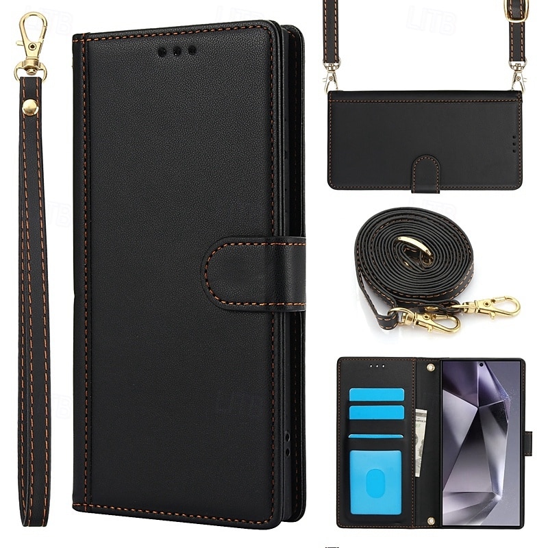 Phone Case For Samsung Galaxy S25 S24 S23 S23 FE S22 S21 Ultra Plus A55 5G A35 5G A25 A15 Wallet Case Full Body Protective with Lanyard with Wrist Strap Retro TPU PU Leather