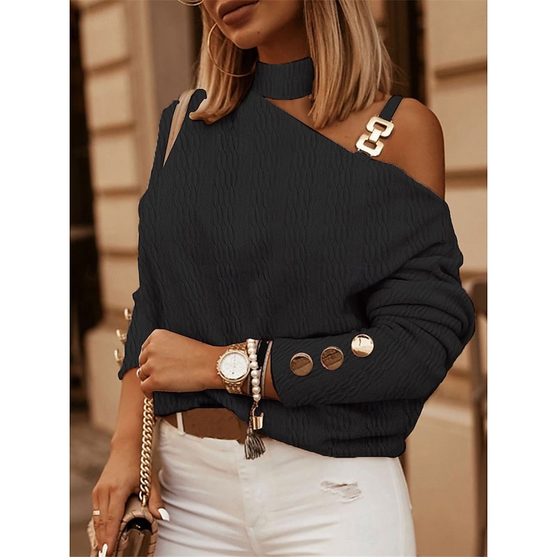 Women's Shirt Blouse Solid Color Daily Casual Long Sleeve High Neck Regular Tops Daily Patchwork Buttons Black White Pink Blue Fall Winter4