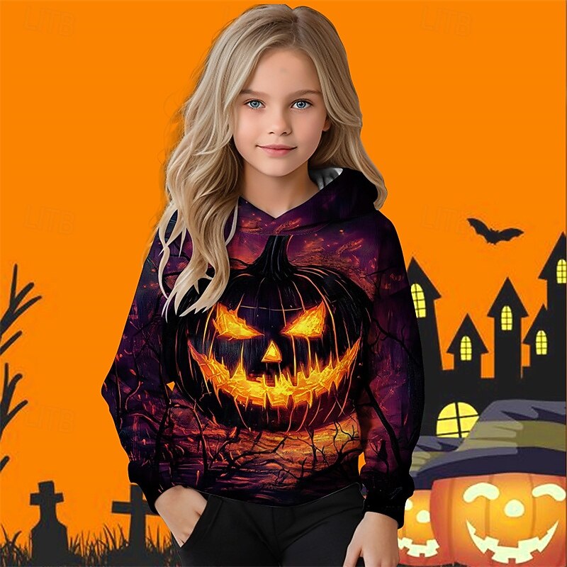 Halloween Girls' 3D Graphic Pumpkin Hoodie Long Sleeve Fall Winter Fashion Basic Polyester Kids 4-12 Years Hooded Outdoor Casual Daily Regular Fit2