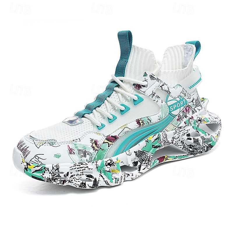 Men's Graffiti Pattern High-Top Sneakers – Colorful Streetwear Sports Shoes with Lace-Up Closure, Breathable Mesh Upper for Casual and Athletic Wear4