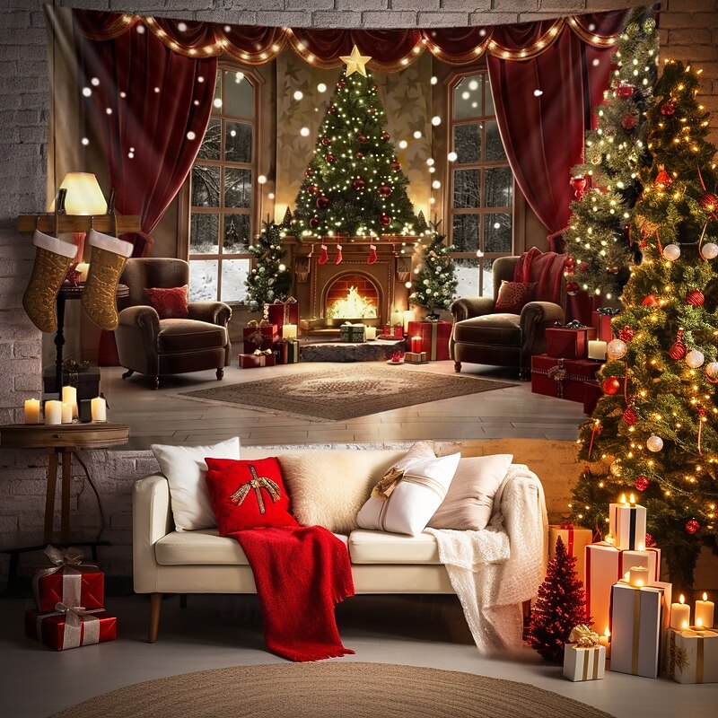 Christmas Decorations Hanging Tapestry Xmas Tree Wall Art Large Tapestry Mural Decor Photograph Backdrop Blanket Curtain Home Bedroom Living Room Decoration3