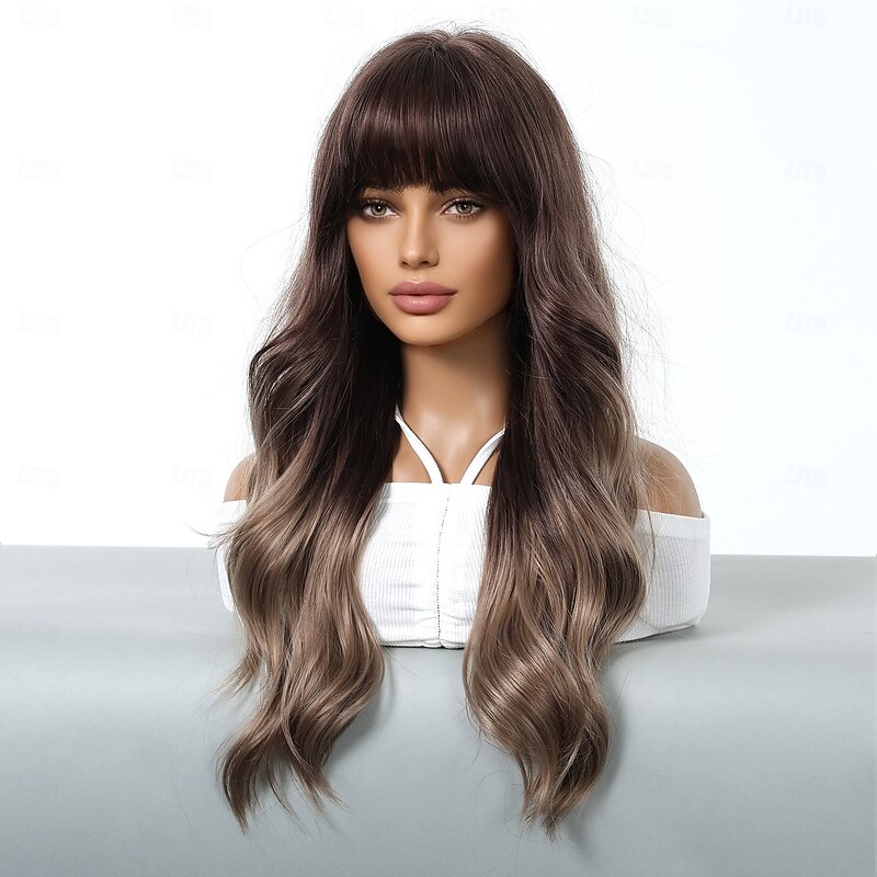 Synthetic Wig Uniforms Career Costumes Princess Curly Wavy Middle Part Layered Haircut Machine Made Wig 24 inch Dark Brown Synthetic Hair Women's Cosplay Party Fashion Brown3