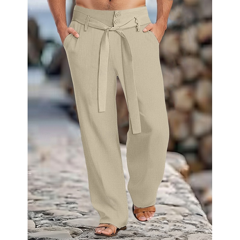 Men's Linen Pants Trousers Summer Pants With Belt Front Pocket Straight Leg Plain Comfort Breathable Full Length Casual Daily Holiday Fashion Basic Black White Inelastic4
