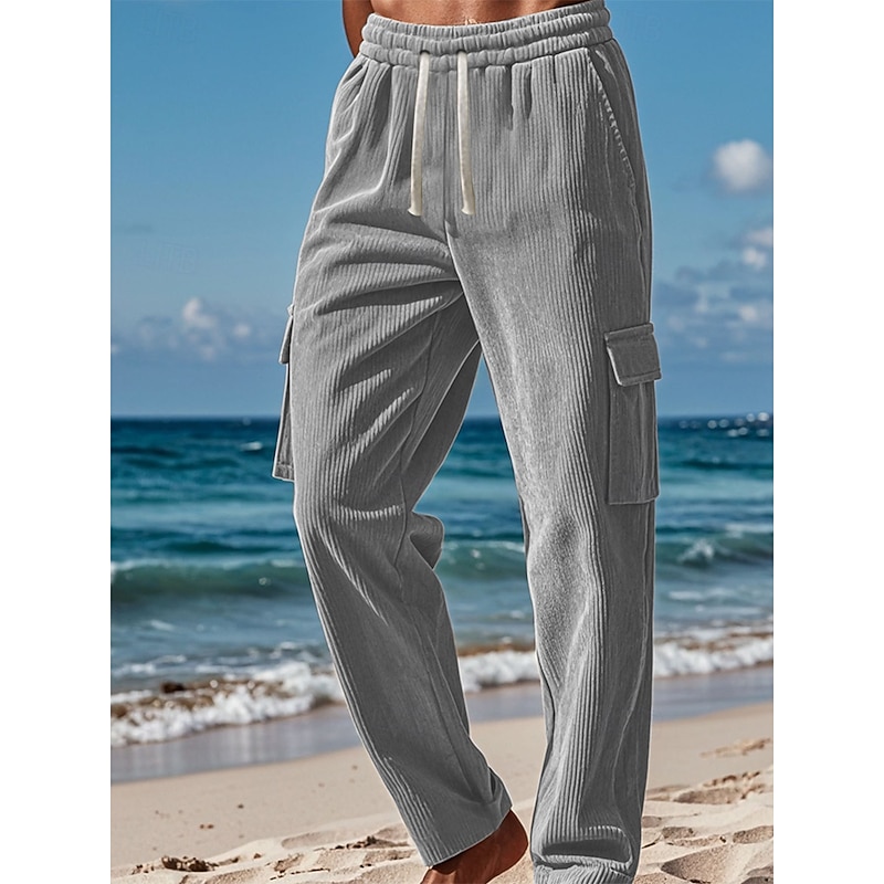Men's Cargo Pants Corduroy Pants Trousers Cargo Sweatpants Elastic Waist Drawstring Multi Pocket Plain Wearable Outdoor Daily Camping & Hiking Fashion Classic Black Khaki3