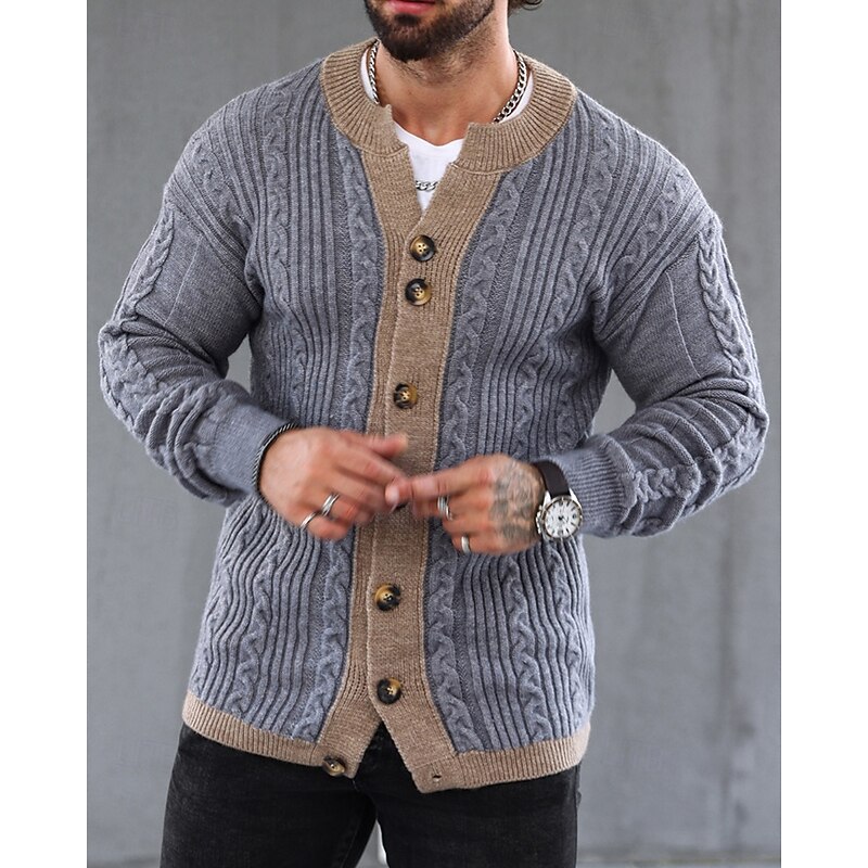 Men's Cropped  Sweater Cardigan Sweater Knit Sweater Ribbed Knit Regular Patchwork Side Pockets Color Block V Neck Fashion Classic Daily Wear Date Clothing Apparel Fall & Winter Gray M L XL