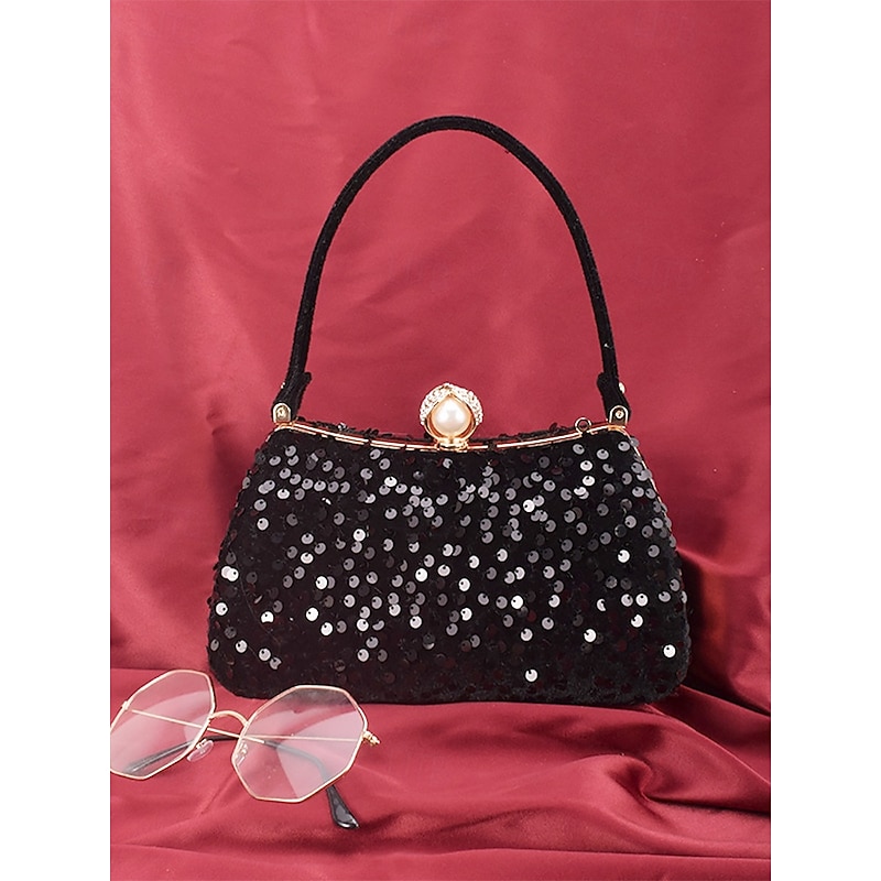 Women's Black Sequin Evening Clutch with Pearl Accent – Glamorous Handbag for Parties, Weddings, and Formal Events4