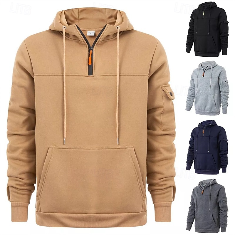 Men's Hoodie Quarter Zip Hoodie Black Navy Blue Khaki Dark Gray Gray Hooded Plain Pocket Sports & Outdoor Daily Holiday Polyester Streetwear Cool Casual Winter Spring &  Fall Clothing Apparel Hoodies