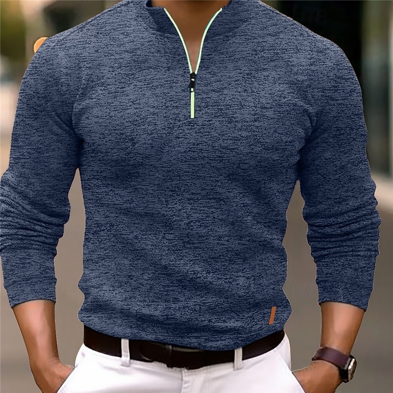 Men's Polo Shirt Quarter Zip Polo Sports & Outdoor Casual Daily Standing Collar Quarter Zip Long Sleeve Fashion Basic Solid Color Pocket Spring &  Fall Regular Fit Black Navy Blue Ocean Blue Orange