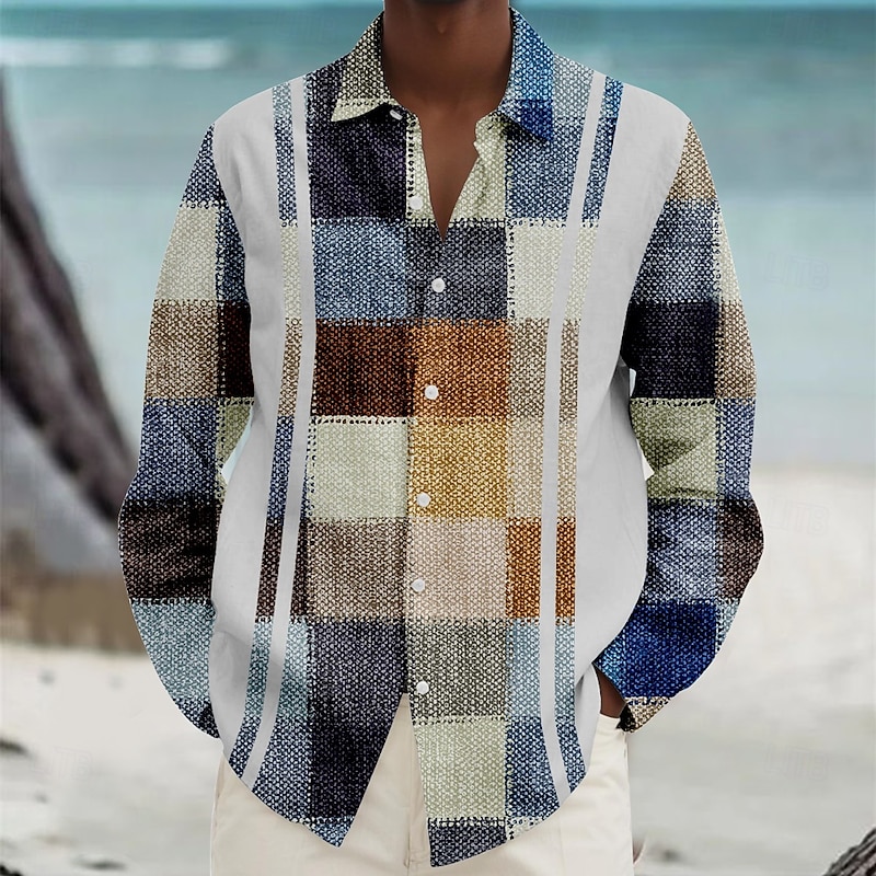 Men's Geometric Pattern Geometic Beach Shirt Button Up Shirt Long Sleeve Hawaiian Casual Vacation Daily Fall Winter Spring & Summer Collared Shirts 3D Print Red Navy Blue Blue