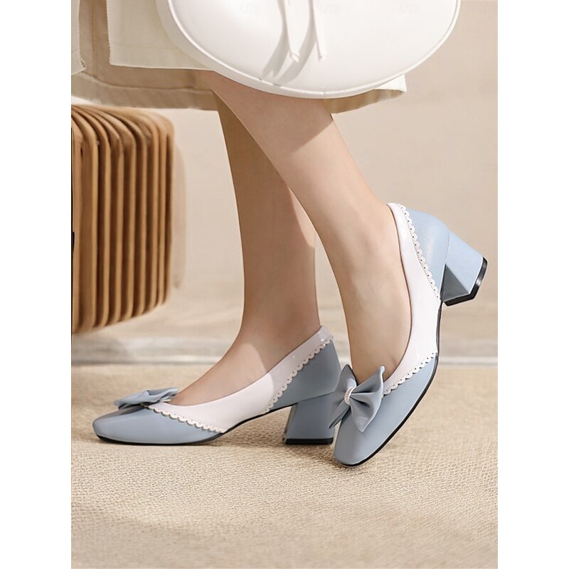 Women's Black and White Block Heel Pumps with Bow Detail – Vintage-Inspired Low-Heel Shoes for Office, Casual, and Dressy Occasions2