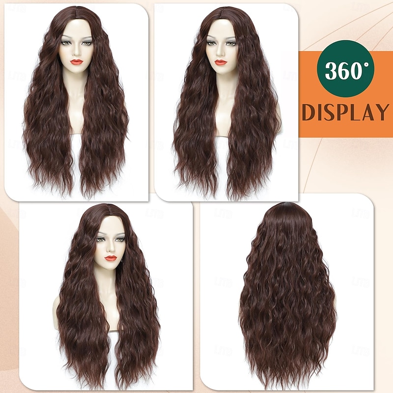 Chocolate Brown Wigs for Women 30 Inch Long Wavy Wig Glueless Middle Part Curly Wavy Wigs Natural Looking Heat Resistant Synthetic Wig for Halloween Christmas Daily Cosplay Party Use2