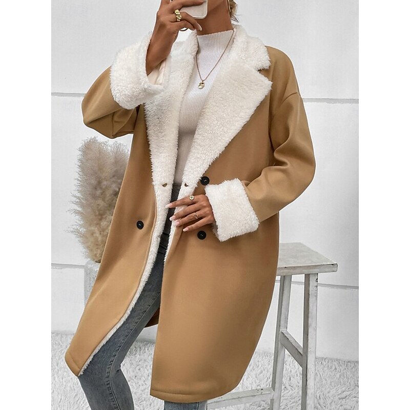 Women's Winter Coat Teddy Coat Windproof Warm Buttons Fur Collar Elegant Outdoor Solid Color Work Casual Double Breasted Turndown Loose Fit Long Sleeve Outerwear Khaki Fall Winter4