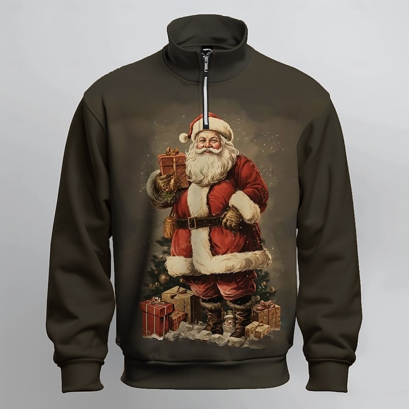 Christmas Men's Santa Claus Sweatshirts Sweatshirt Sweatshirt Zip Sweatshirt Long Sleeve Sweatshirt Stand Collar Half Zip Quarter Zip Vacation Fashion Cute 3D Printing Party Christmas Holiday Half2