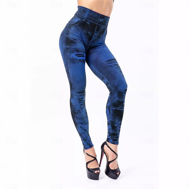 Women's Denim Look Leggings Oversize Jeggings Treggings Lined Elastic Jeans High Waist Skinny Trousers Stockings Soft Comfortable2