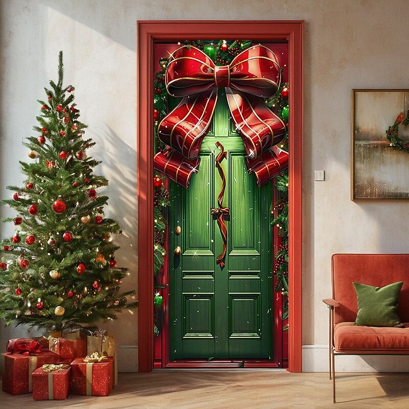 Christmas Door Decorations Door Covers Xmas Bow Tie Door Tapestry Door Curtain Decoration Backdrop Door Banner for Front Door Farmhouse Christmas Holiday Party Decor Supplies Ornaments Indoor/Outdoor 12
