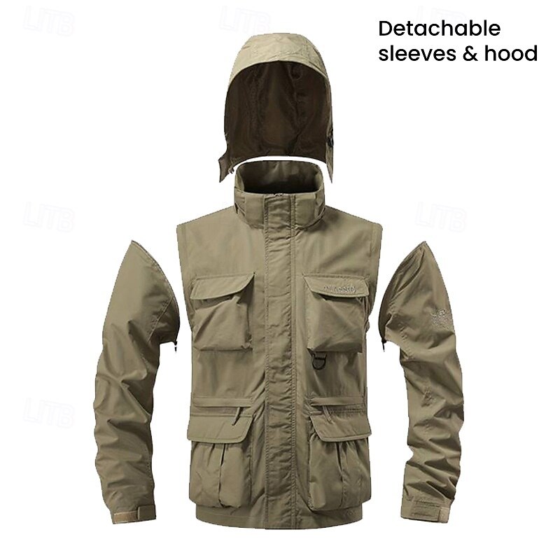 Men's Hiking Jacket Tactical Jacket Windcheater Jacket Sports Outdoor Camping & Hiking Waterproof Windbreaker Detachable Design Spring &  Fall Solid Color Active Hooded Regular Black Green Khaki4
