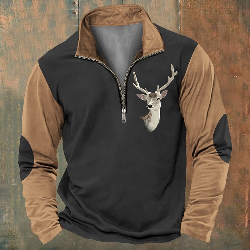 Men's Hunting Deer Sweatshirts Quarter Zip Sweatshirt Long Sleeve Sweatshirt Zip Vintage Retro Western Cowboy 3D Printing Climbing Hunting Winter Spring &  Fall2