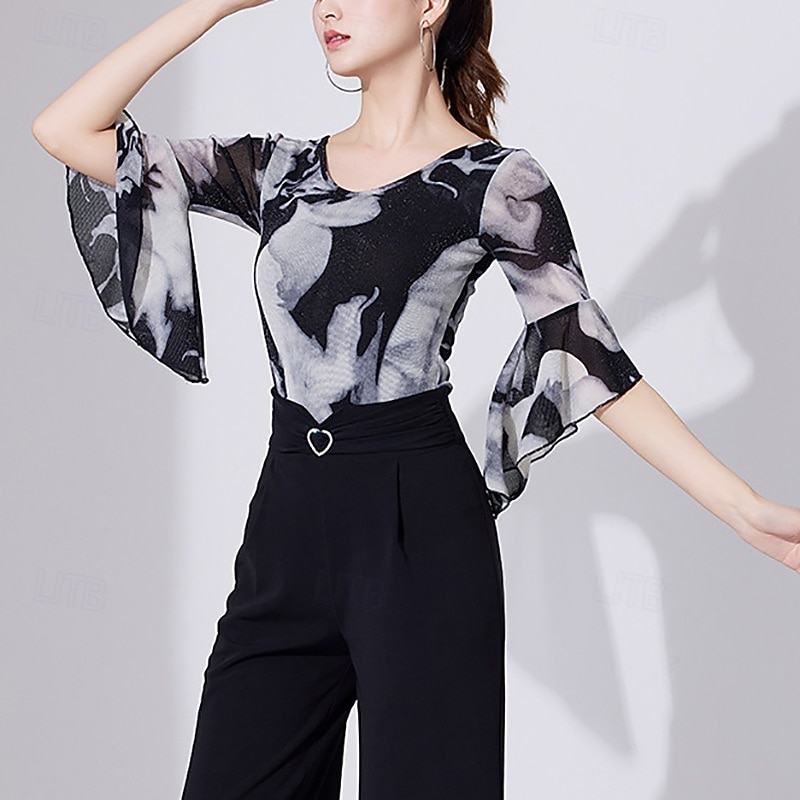 Latin Dance Top Lace Printing Pure Color Women's Performance Training Half Sleeve High Nylon3