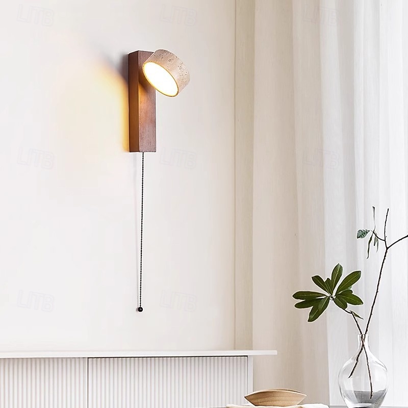 LED Wall Sconce Warm White Japanese Style Yellow Travertine Indoor Light with Pull Cord Switch Creative Wind Lamp Shade for Guesthouse Bedroom Living Room 110-240V2
