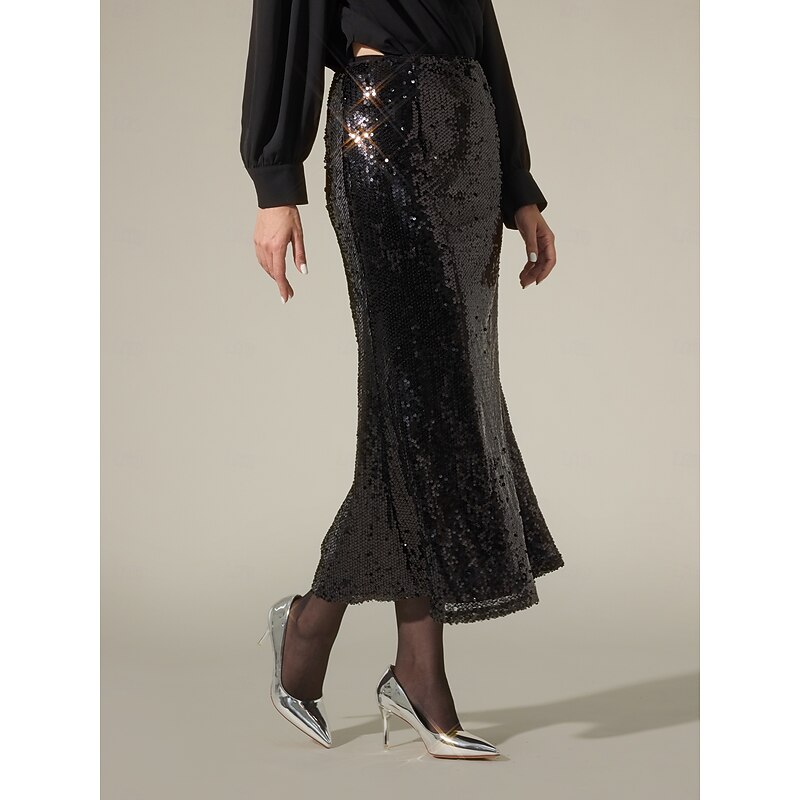 Sequin Glitter Vintage Lined Party Midi Skirt