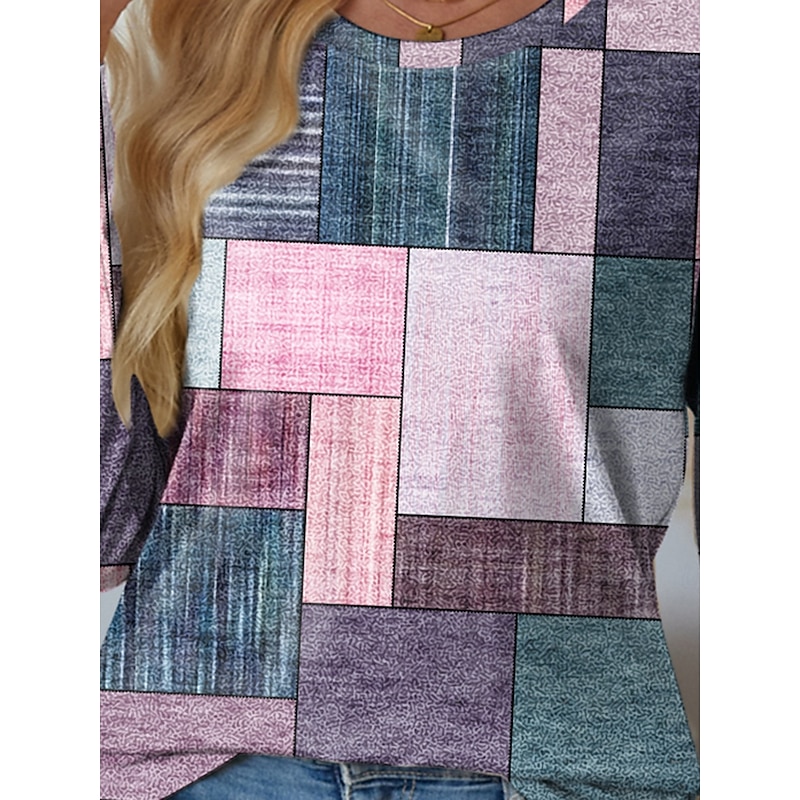 Women's T shirt Crew Neck Long Sleeve Tunic Floral Geometric Plaid Print Regular Tops Round Neck Daily Weekend Pink Green Spring & Fall2